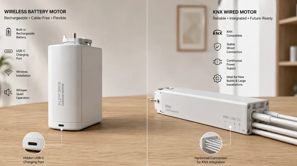 Rechargeable battery and wired motor options to transform existing curtains into smart ones