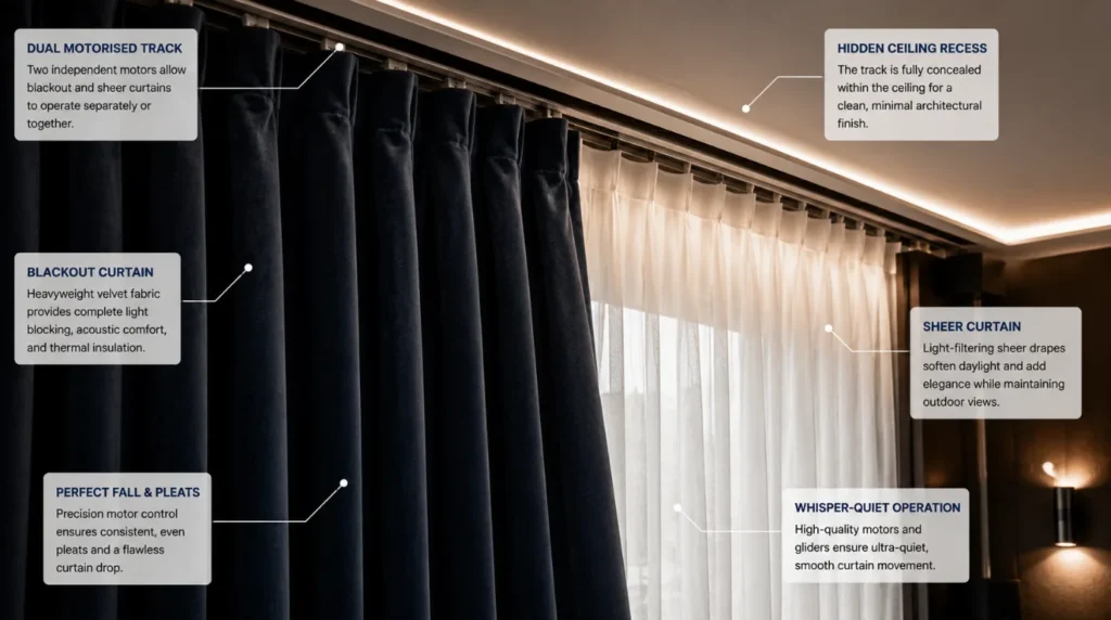 Heavy blackout drapes operating smoothly after working to transform existing curtains into smart ones
