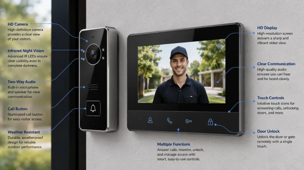 Modern video door phone installation showing HD video, two-way audio, smart-lock integration, mobile access, and night vision features.