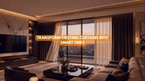 Elegantly styled living space showcasing how to transform existing curtains into smart ones with automated track retrofits