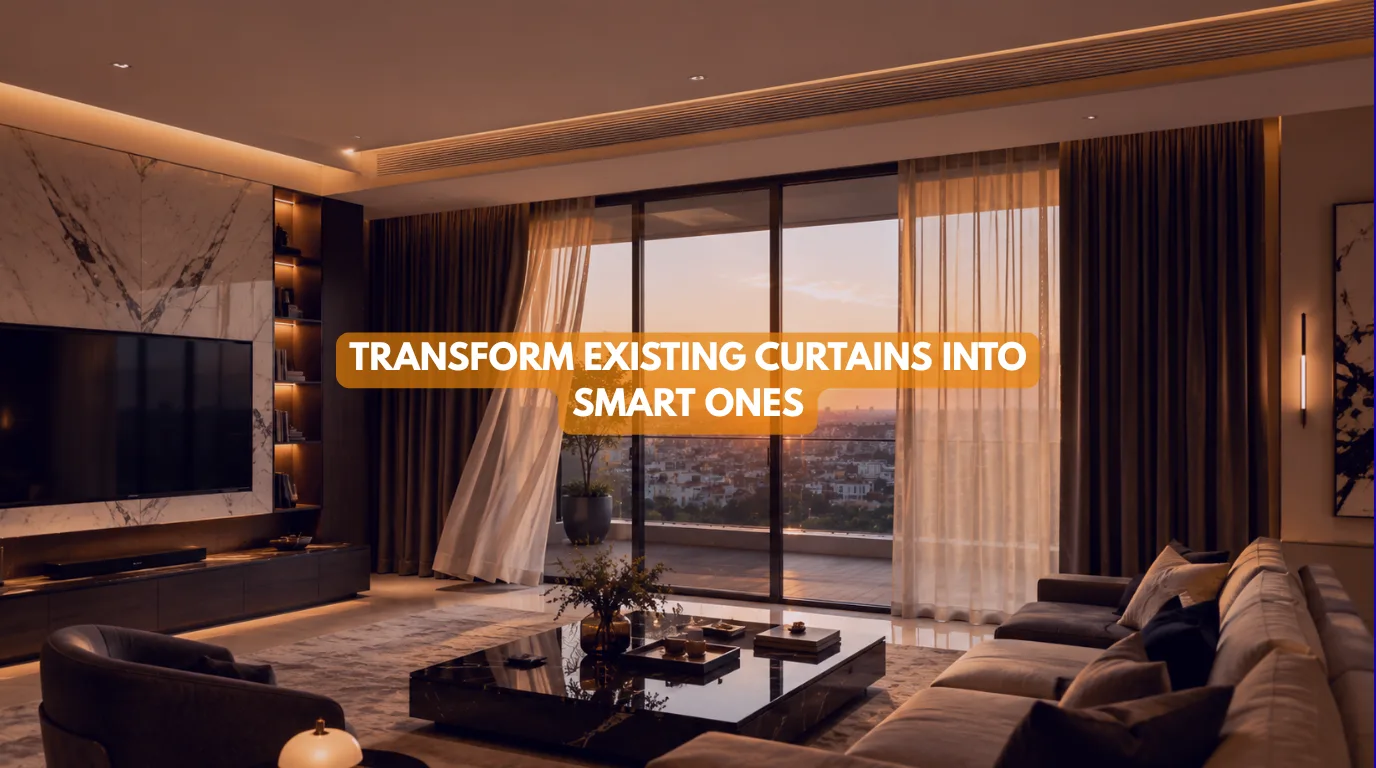 Elegantly styled living space showcasing how to transform existing curtains into smart ones with automated track retrofits