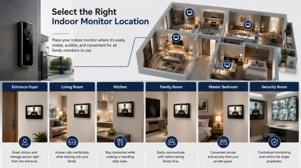 Modern home infographic showing ideal indoor video door phone monitor locations including the entrance foyer, living room, kitchen, family room, master bedroom, and security room.