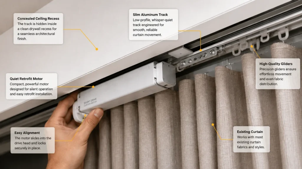 Professional inspecting ceiling track compatibility to transform existing curtains into smart ones