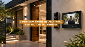 Elegant modern home entrance illustrating video door phone installation with an outdoor camera unit and indoor security monitor.