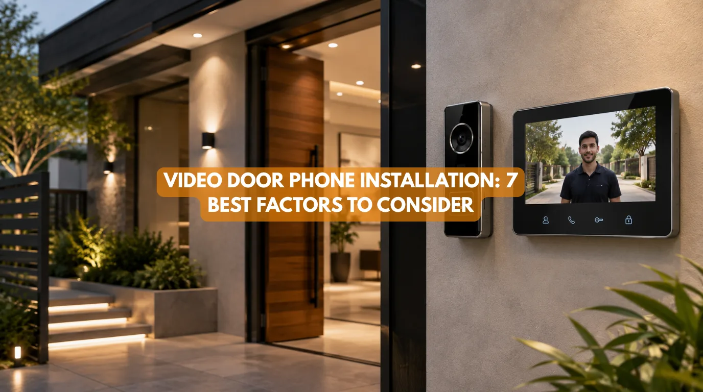 Elegant modern home entrance illustrating video door phone installation with an outdoor camera unit and indoor security monitor.