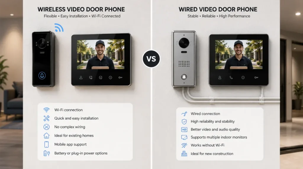 Side-by-side comparison of wireless and wired video door phone systems, showing Wi-Fi connectivity and easy installation on the wireless side versus reliable wired connections and multi-monitor support on the wired side.