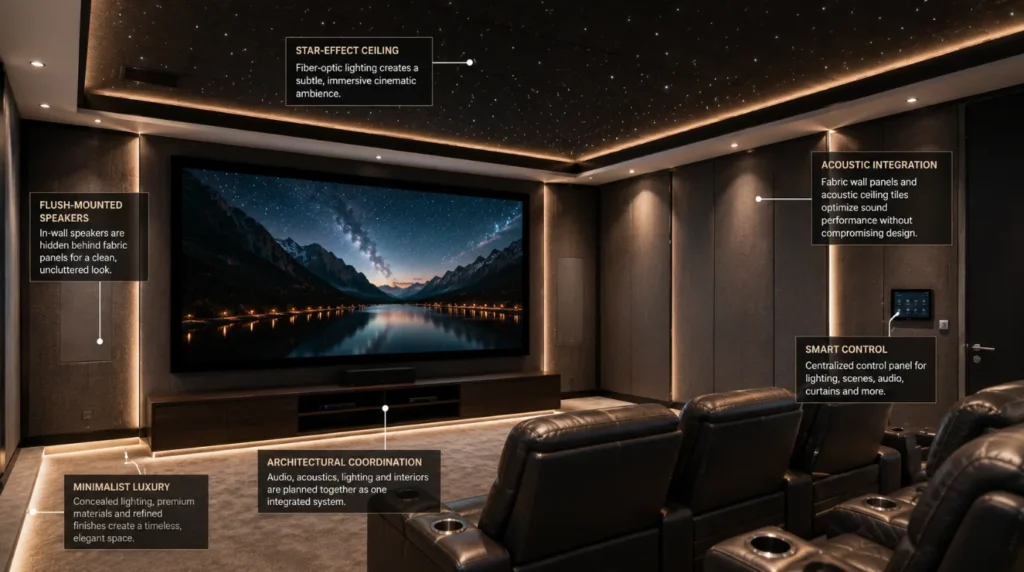 Architectural acoustic wall panels and in-wall speakers integrated into a modern Smart Home Theatre System layout.