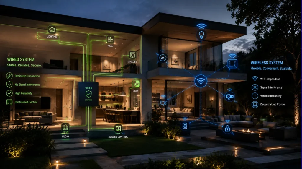 Diagram showing how wired vs wireless smart home automation devices connect to a central hub