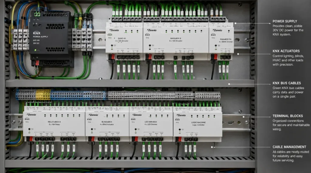 Professional distribution panel with organized green bus cables for KNX Automation for Luxury Homes