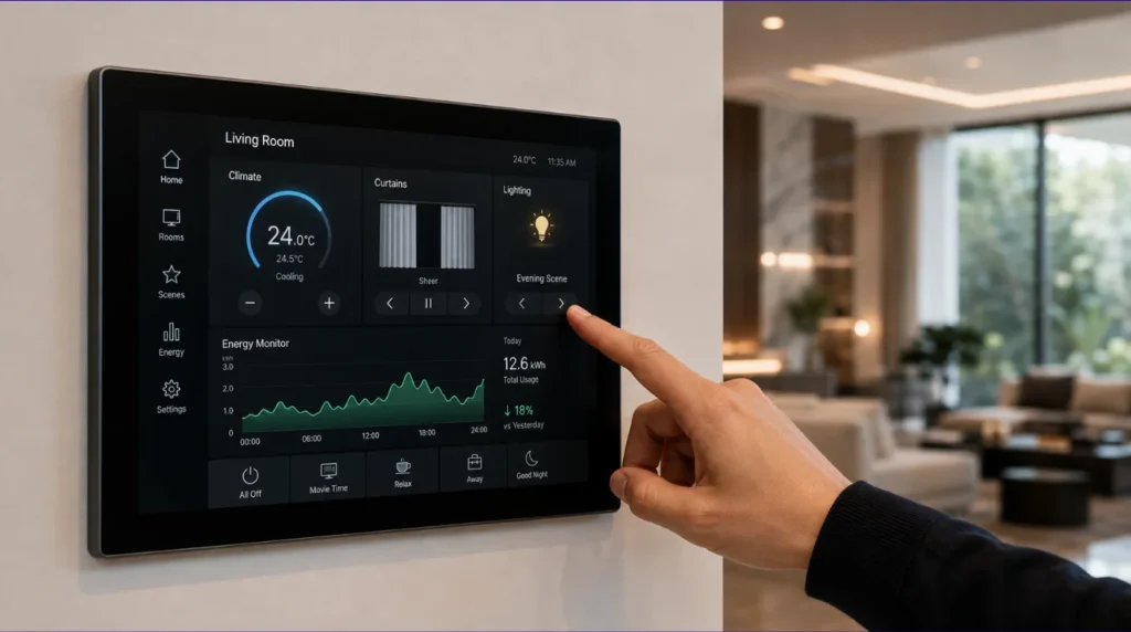 Resident operating a central touch screen for Smart Home Automation in New Projects in Sangli