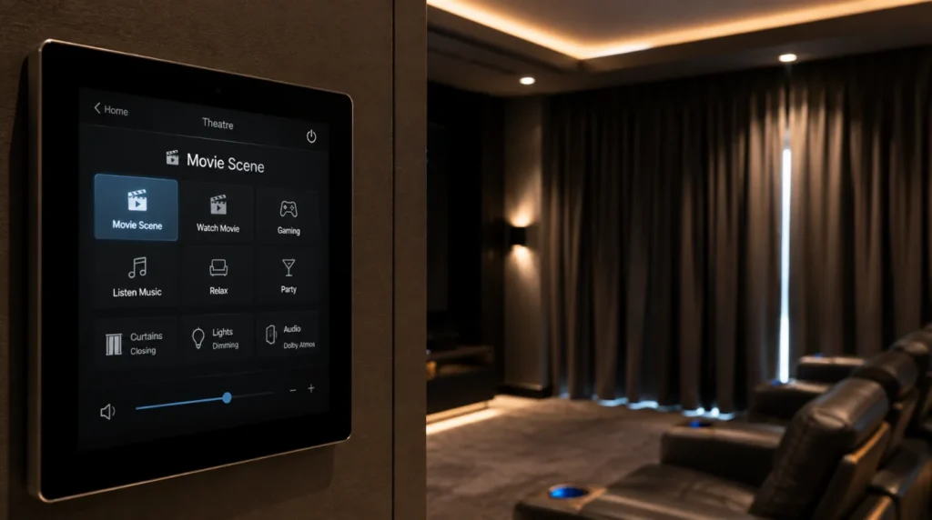 A wall-mounted smart touch panel showing scene control for a Smart Home Theatre System, with motorized curtains closing automatically in the background.