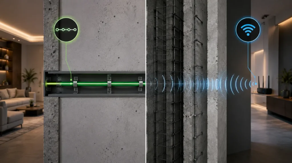 Conceptual illustration comparing network stability of wired vs wireless smart home automation