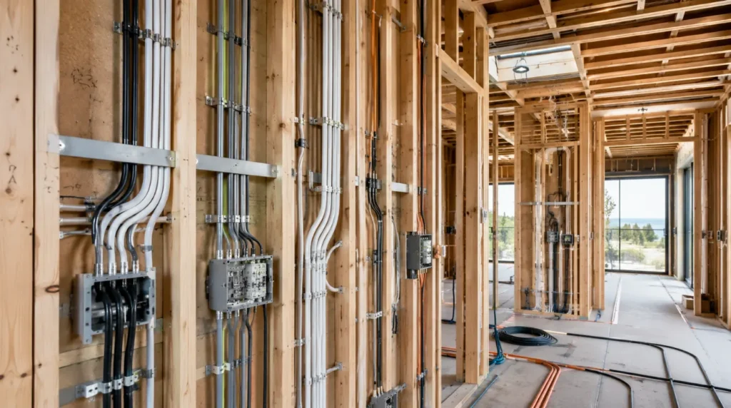 Electrical conduits being laid out during wired vs wireless smart home automation planning