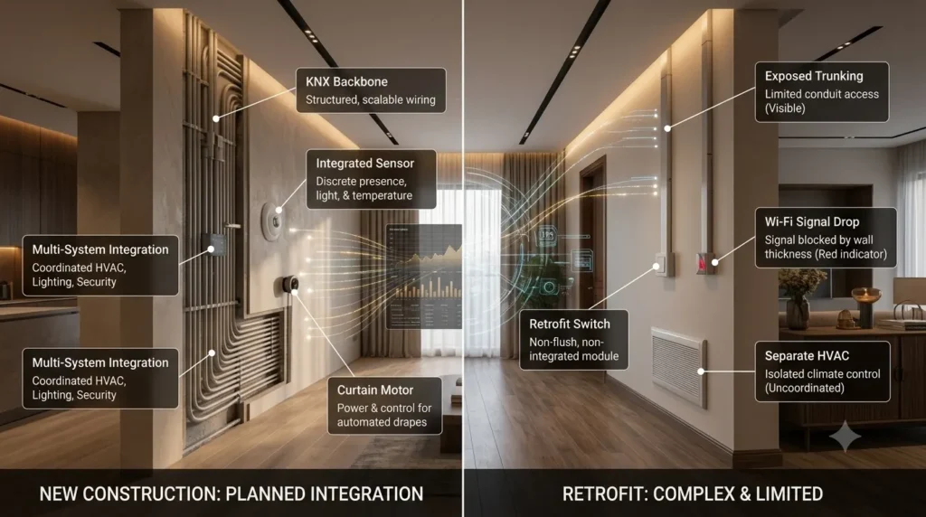 A split comparison diagram with integrated pointers showing planned KNX wiring in new builds versus retrofit limits in existing homes, illustrating factors affecting the Cost of Home Automation in Nashik.