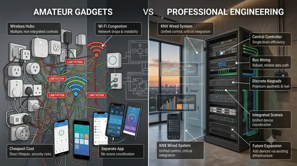 A detailed technical diagram contrasting fragmented smart gadgets with a professional rack-mounted KNX system, explaining how engineering quality shapes the Cost of Home Automation in Nashik.