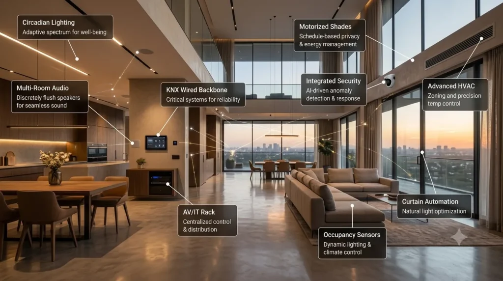 An interior diagram of a luxury Nashik villa with call-out pointers detailing integrated KNX wiring, HVAC, and lighting systems that determine the Cost of Home Automation in Nashik.