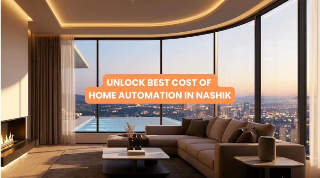 A luxurious modern villa living room featuring an integrated smart home control panel and ambient lighting, highlighting the premium lifestyle and Cost of Home Automation in Nashik.
