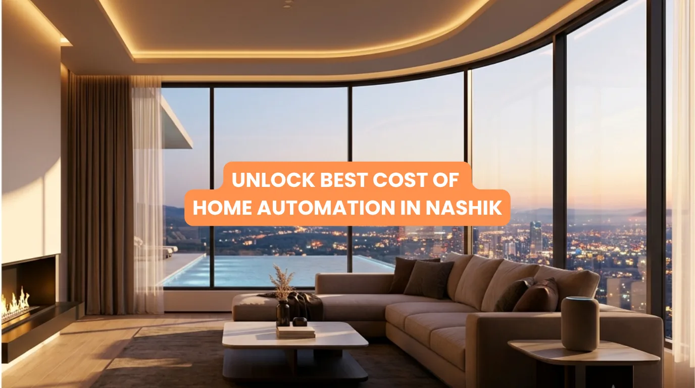 A luxurious modern villa living room featuring an integrated smart home control panel and ambient lighting, highlighting the premium lifestyle and Cost of Home Automation in Nashik.