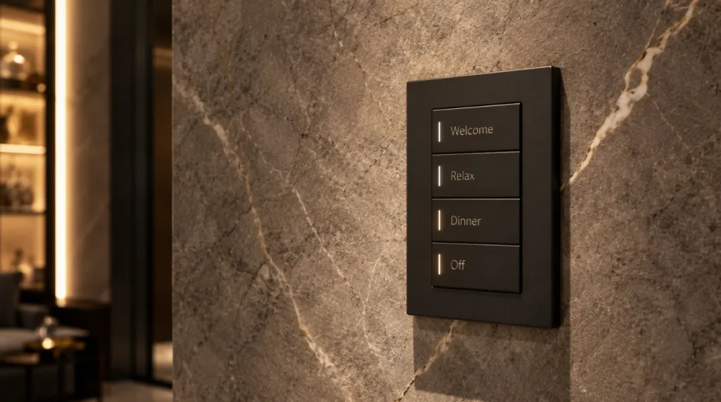 Single luxury glass keypad controlling smart lighting and automation on a textured accent wall