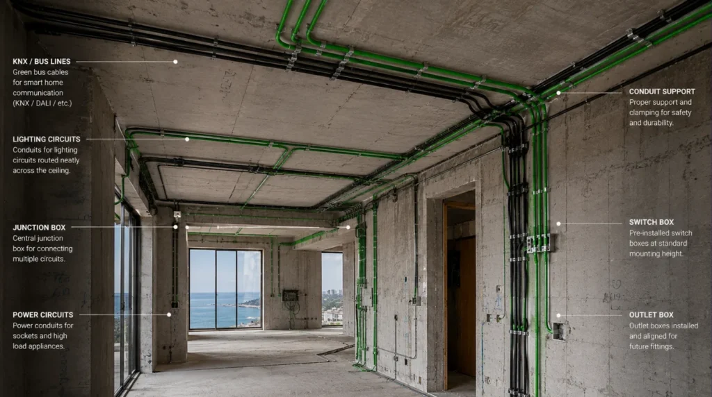 Architect inspecting conduit conduits and wiring infrastructure for KNX Automation for Luxury Homes