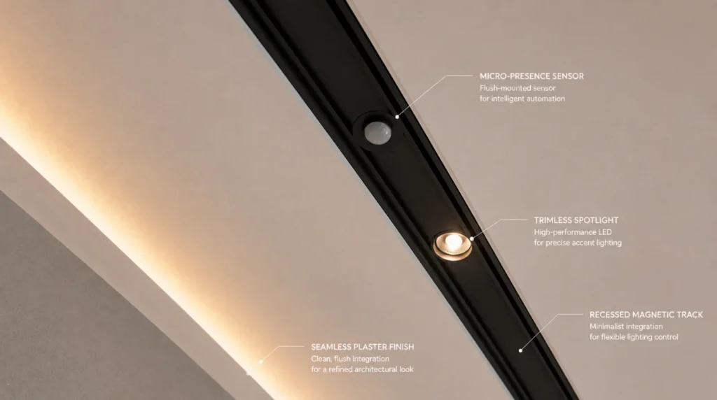 Minimalist tiny presence sensor integrated into ceiling recess for smart lighting and automation