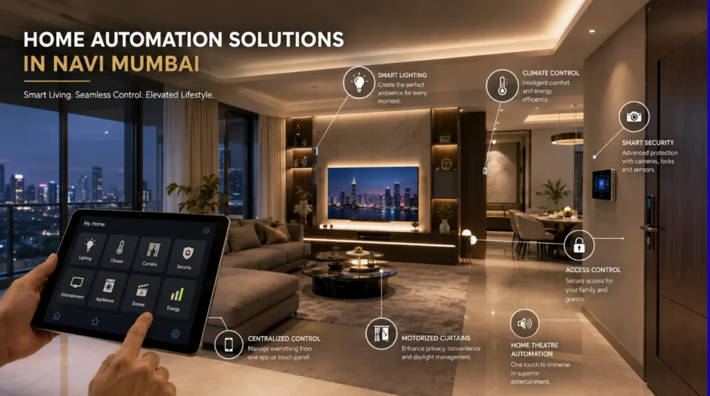 Luxury smart apartment in Navi Mumbai featuring centralized home automation control for smart lighting, climate control, security, motorized curtains, access control, and home theatre automation.