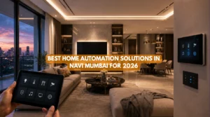 Luxury apartment in Navi Mumbai with integrated smart home automation, featuring a centralized touchscreen, smart lighting, motorized curtains, climate control, security, and entertainment controls.