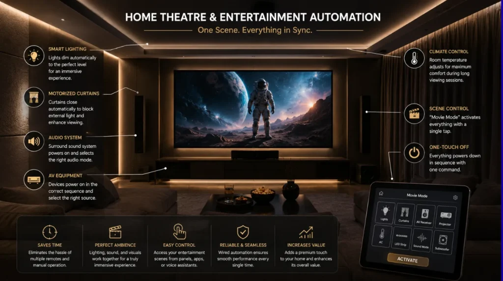 Luxury home theatre with automated lighting, motorized curtains, surround sound, AV equipment, climate control, and one-touch movie scene activation explained with visual pointers.