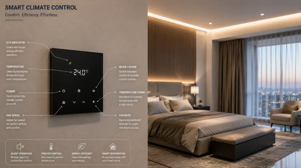 Flush mounted temperature sensor and keypad delivering climate management in KNX Automation for Luxury Homes