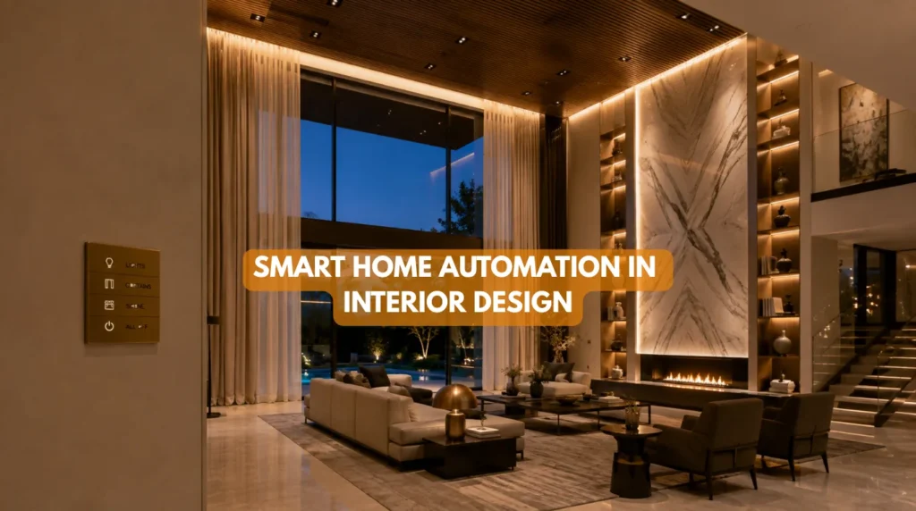 Open plan luxury residence demonstrating smart home automation in interior design with integrated lighting and automated window shades