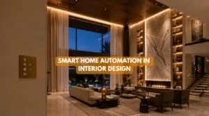 Open plan luxury residence demonstrating smart home automation in interior design with integrated lighting and automated window shades