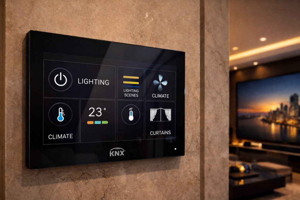 KNX automation for modern smart homes luxury living room with smart lighting and control panel