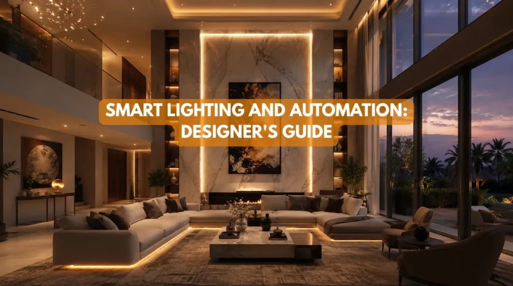 Luxury open plan living room displaying layered smart lighting and automation scenes