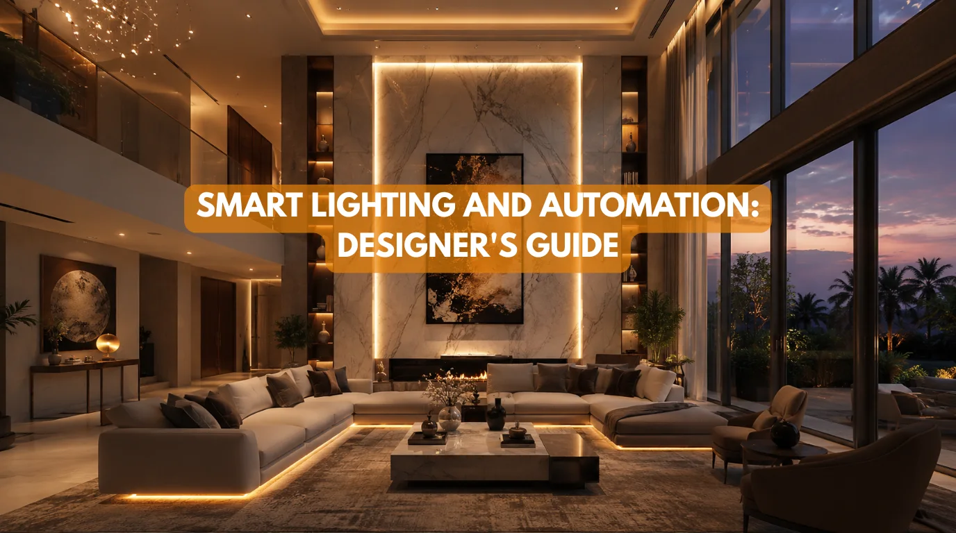 Luxury open plan living room displaying layered smart lighting and automation scenes