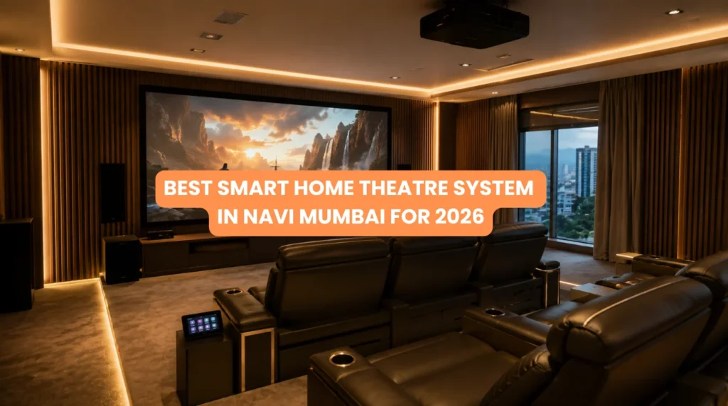 A high-end smart home theatre system featuring a large projection screen, acoustic wall panels, and automated ambient lighting in a luxury Navi Mumbai residence.