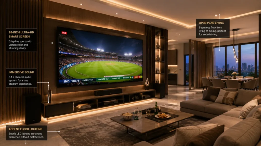 An open-plan living room upgraded with a Smart Home Theatre System display and automated ambient lighting for sports and gaming.