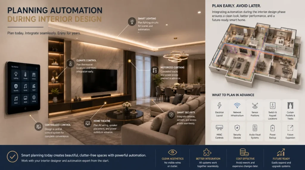 Luxury smart home interior showing how home automation is planned alongside electrical layouts, network infrastructure, sensors, HVAC, motorized curtains, security, home theatre, and centralized controls during interior design.