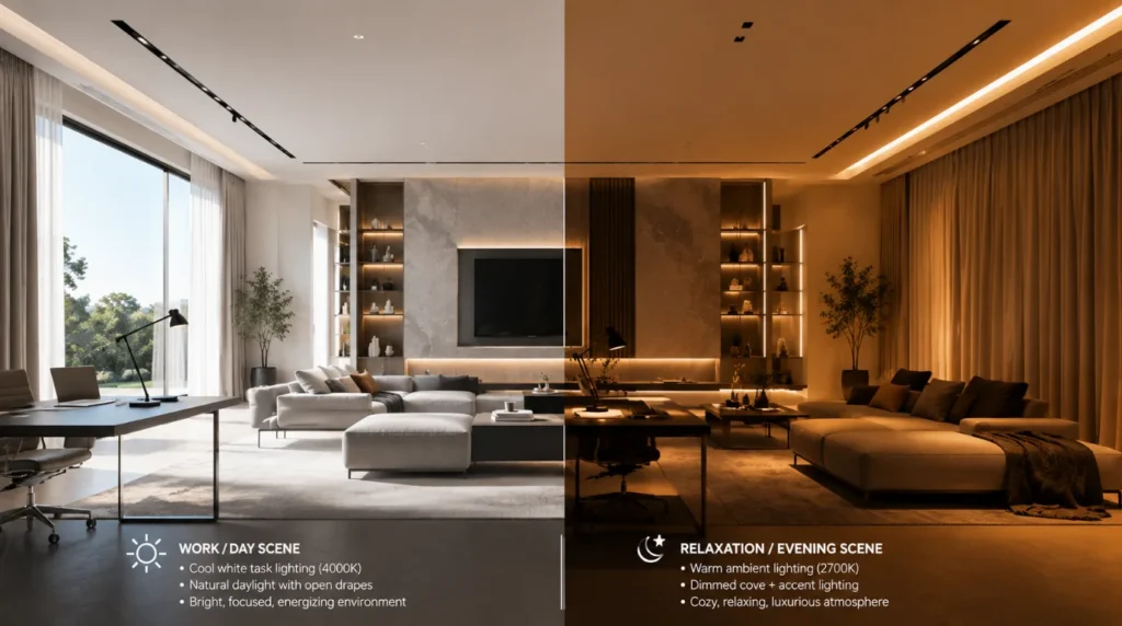 Split visualization showing daytime work scene and evening relaxation scene using smart lighting and automation
