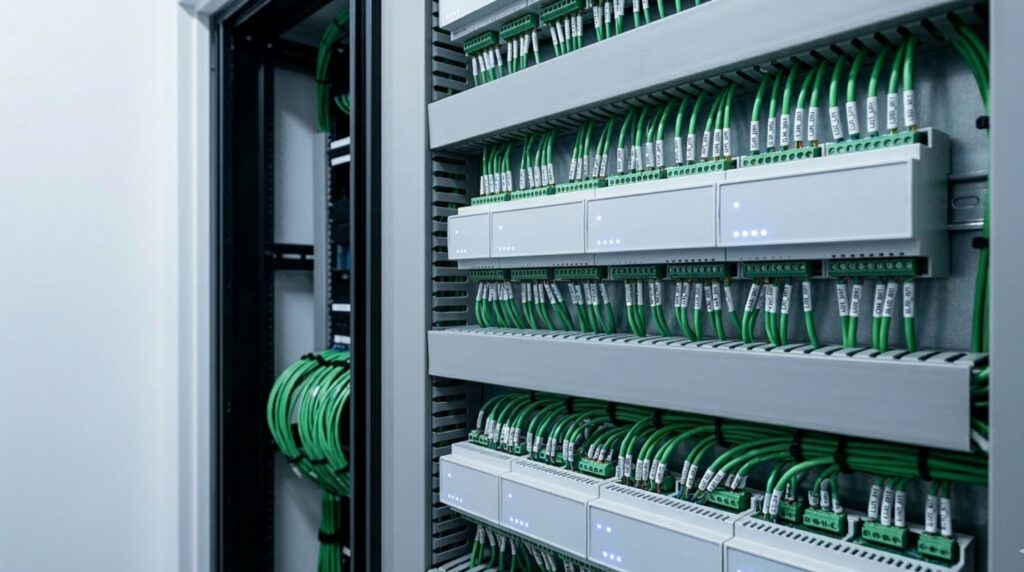 A close-up photograph of a professional centralized smart home automation server rack, showing organized dedicated green wiring and actuators for a robust wired vs wireless home automation for villas infrastructure.