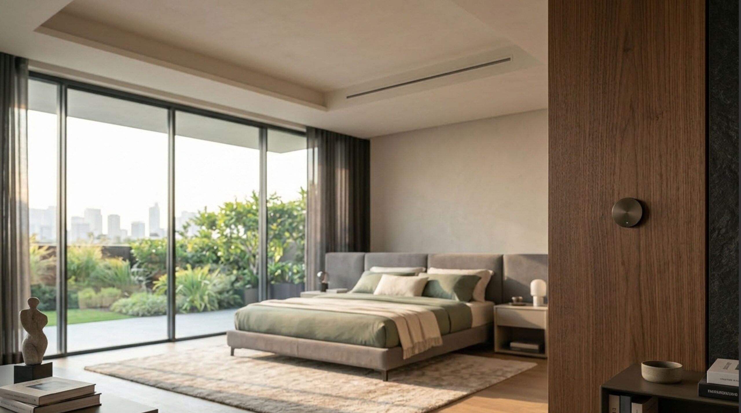 Invisible HVAC integration and climate sensors as essential smart home automation features for modern architecture in luxury bedrooms.