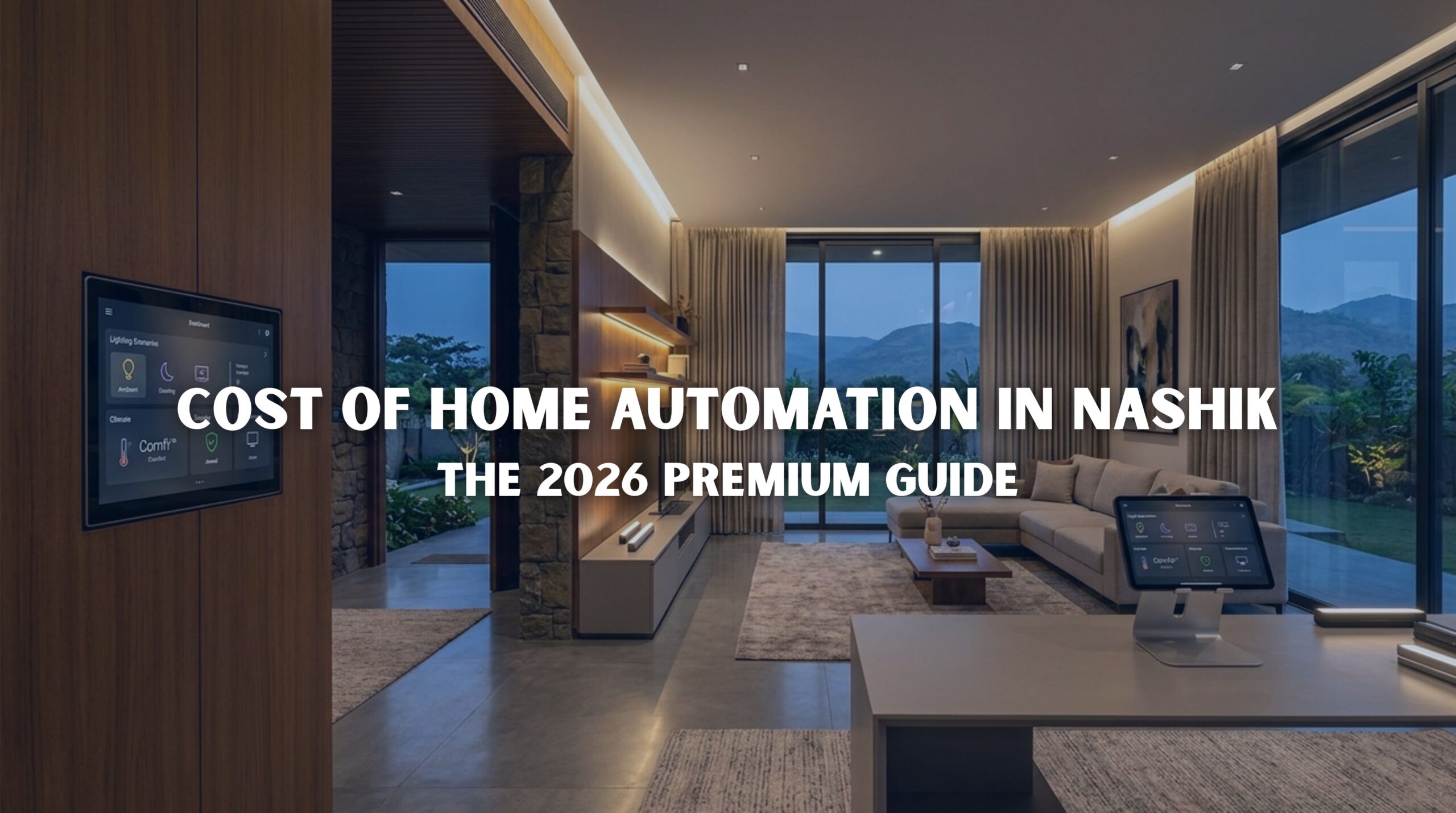 Modern luxury villa living room in Nashik featuring smart lighting control and a tablet interface for the cost of home automation in Nashik 2026 guide.