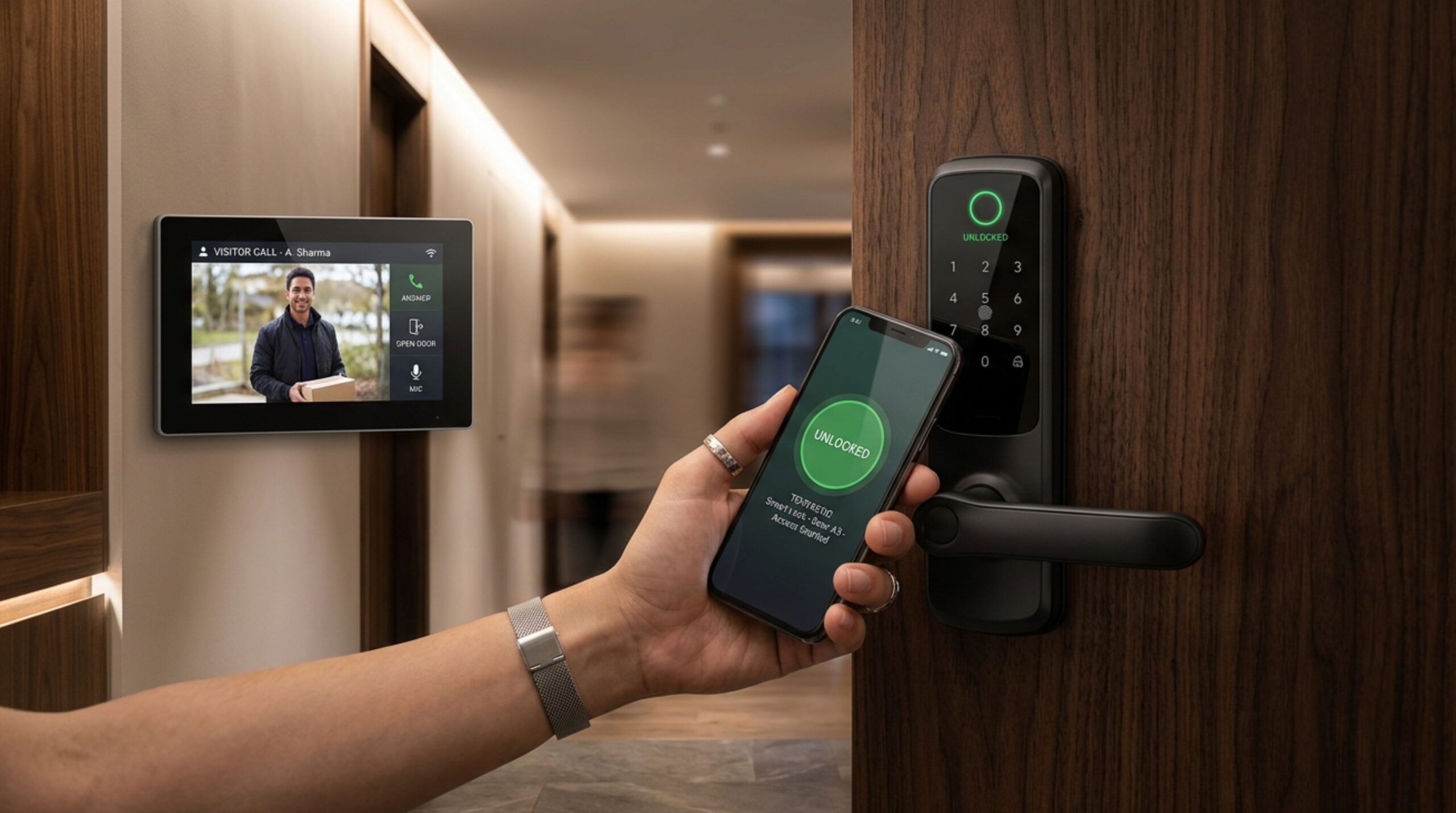 Advanced digital door locks and video intercom systems as key features of Smart Home Automation in New Projects in Sangli for enhanced resident safety.