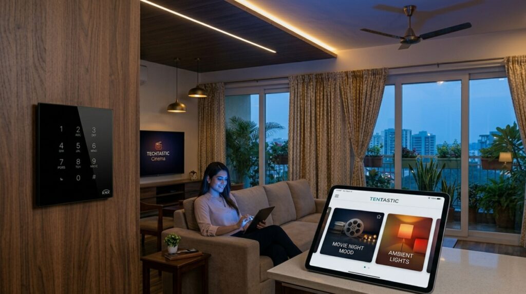 A resident in a luxury apartment uses a tablet to activate a Movie Night mood through smart home automation for real estate developers