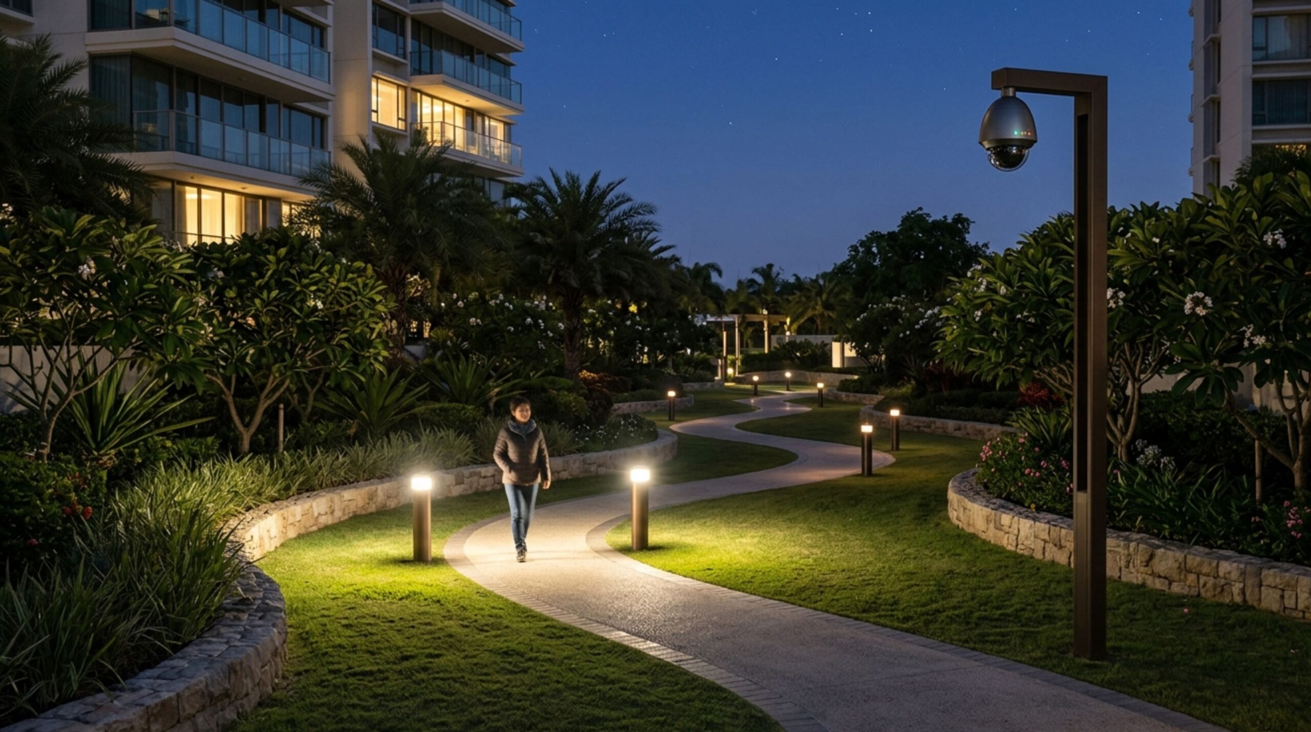 Intelligent perimeter monitoring and motion-sensing lighting as part of a comprehensive Smart Gated Community Security in Navi Mumbai framework.