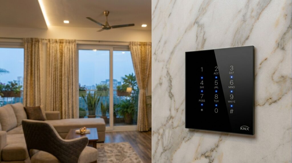 A close-up of a sophisticated KNX smart home control panel on a marble wall, that increases property valuation for smart home automation for real estate developers
