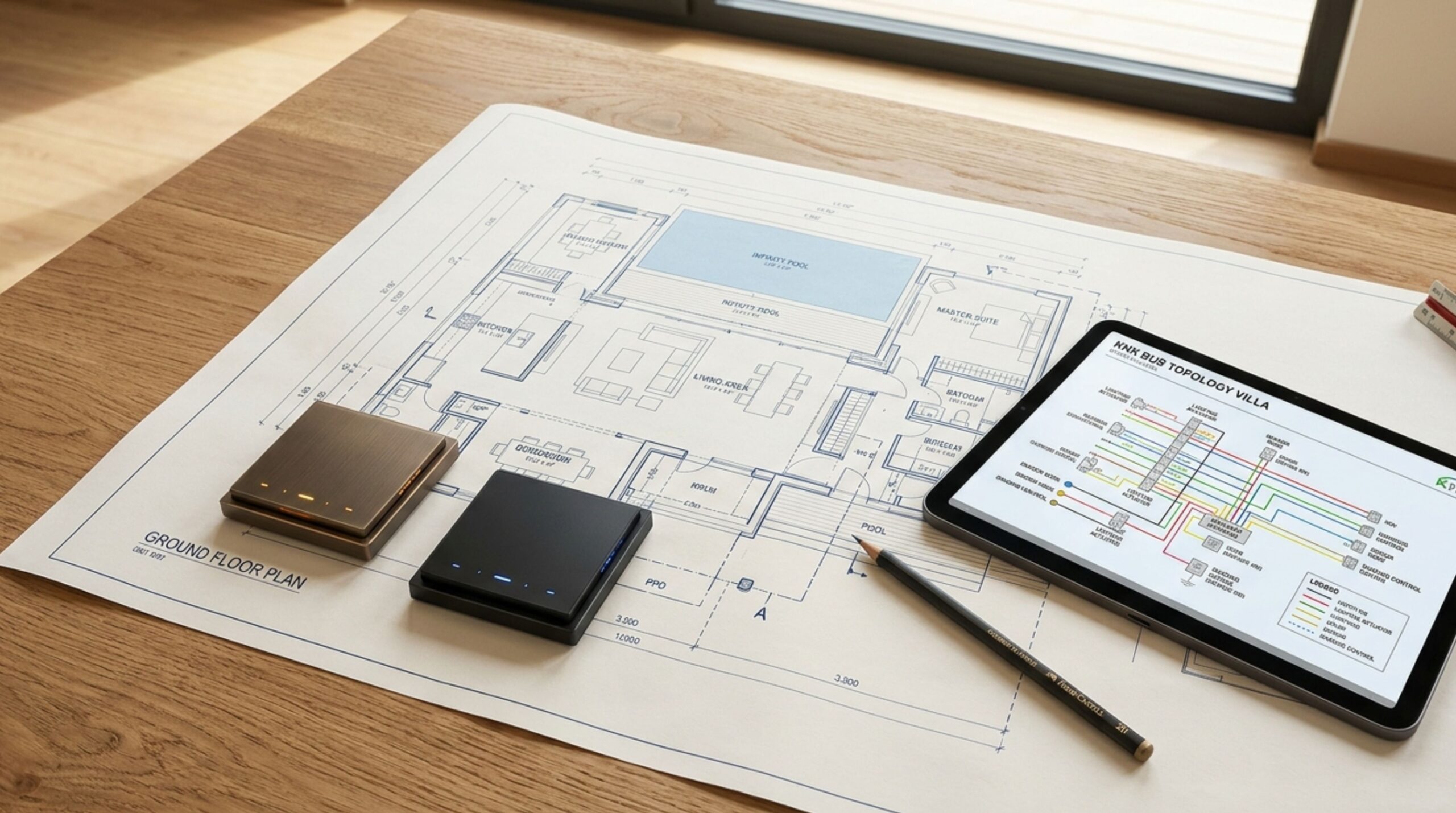 Architectural blueprints and smart technology components illustrating the planning of smart home automation in high-end architecture projects.