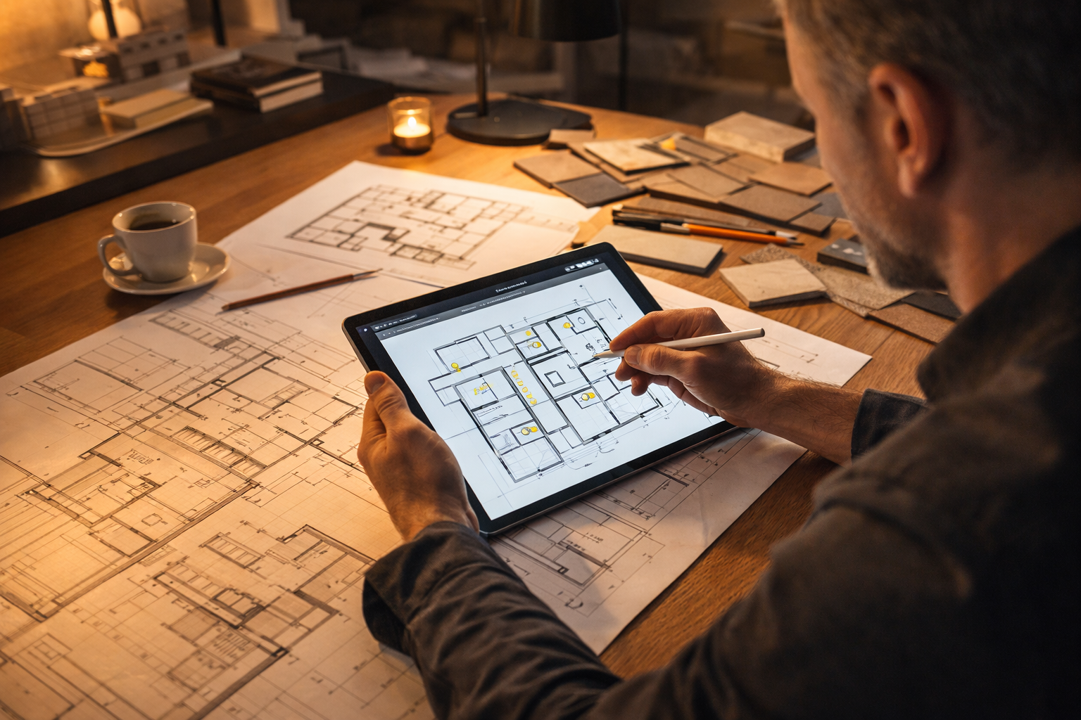 architect reviewing luxury home blueprints with smart home automation layout