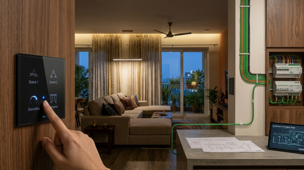 A first-person view of a hand touching a smart home control panel next to a custom cabinet with integrated KNX wiring and blueprints.