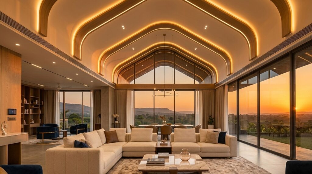 Luxury living room or bedroom at Golden Hour using smart home automation in interior design to sync warm LED accents with the sunset view.