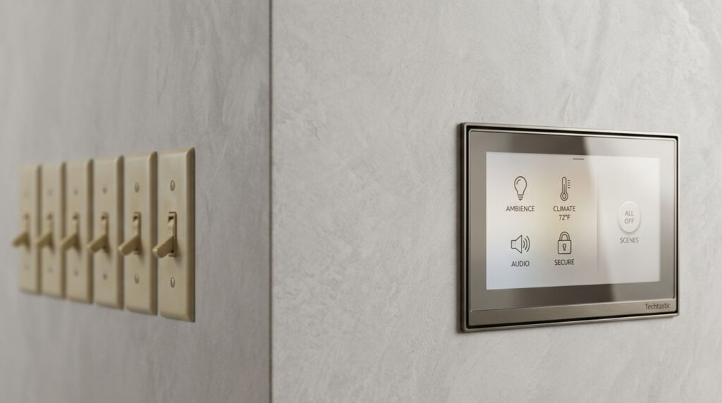 Minimalist wall layout showcasing the benefits of smart home automation in interior design by replacing traditional switches with a single touch panel.